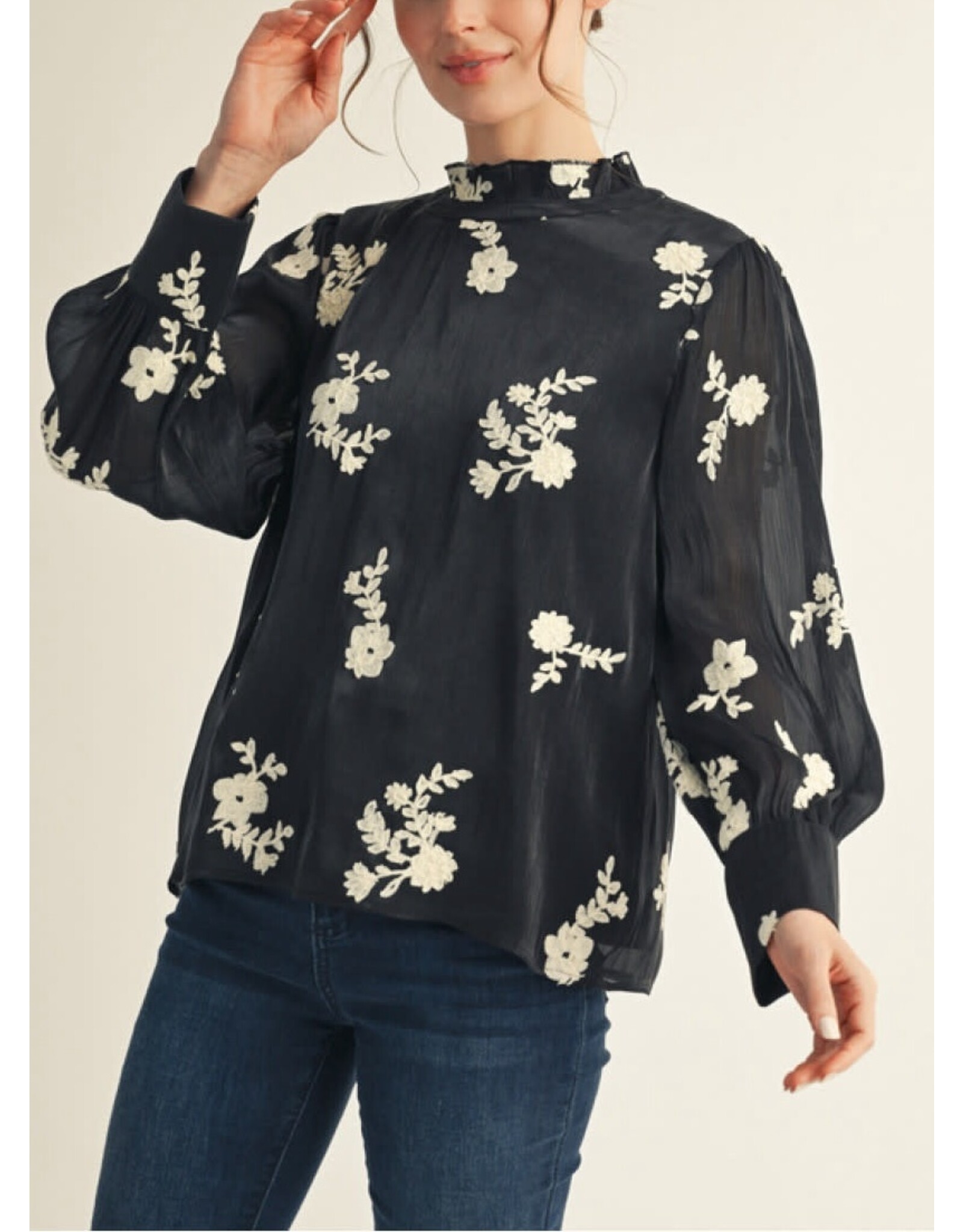 Lediana Floral Embroidered Top Black