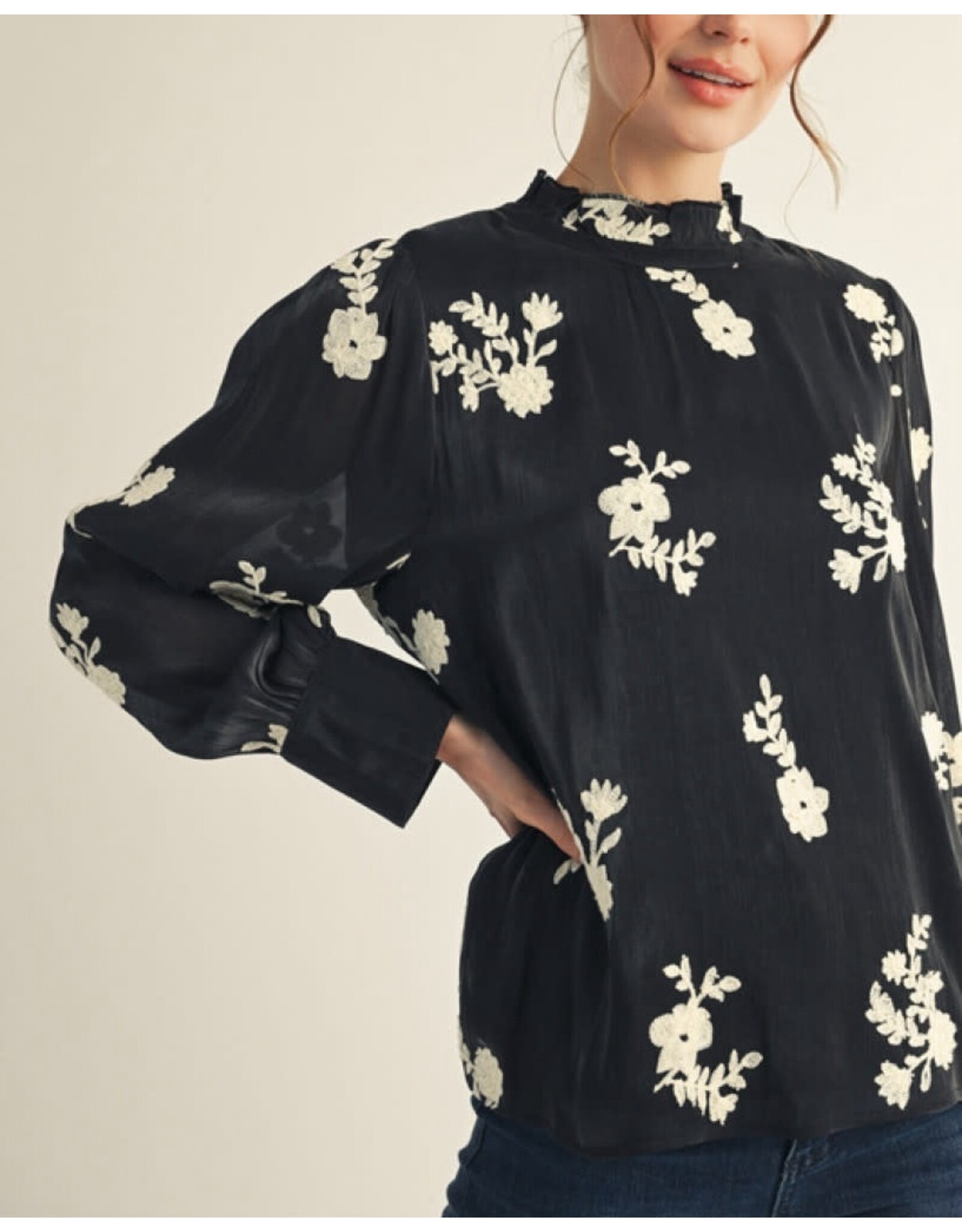 Lediana Floral Embroidered Top Black