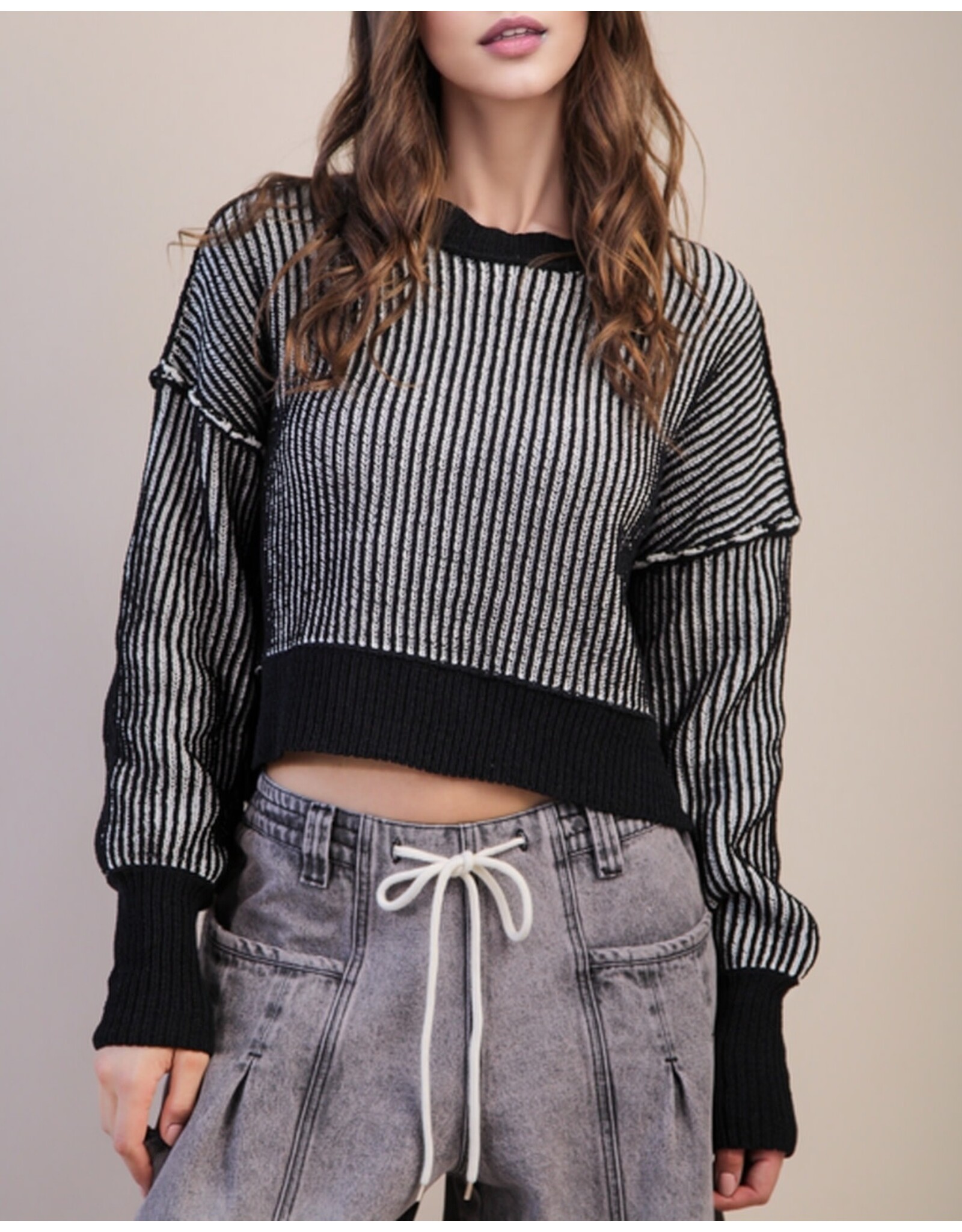 Beatriz  Two Tone Black Stripe Crop Sweater
