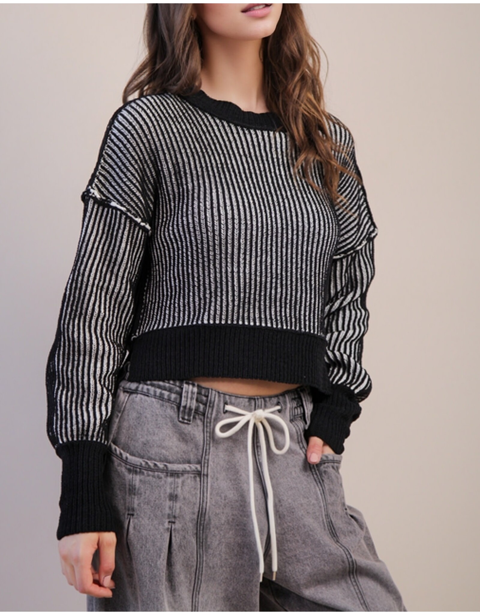 Beatriz  Two Tone Black Stripe Crop Sweater