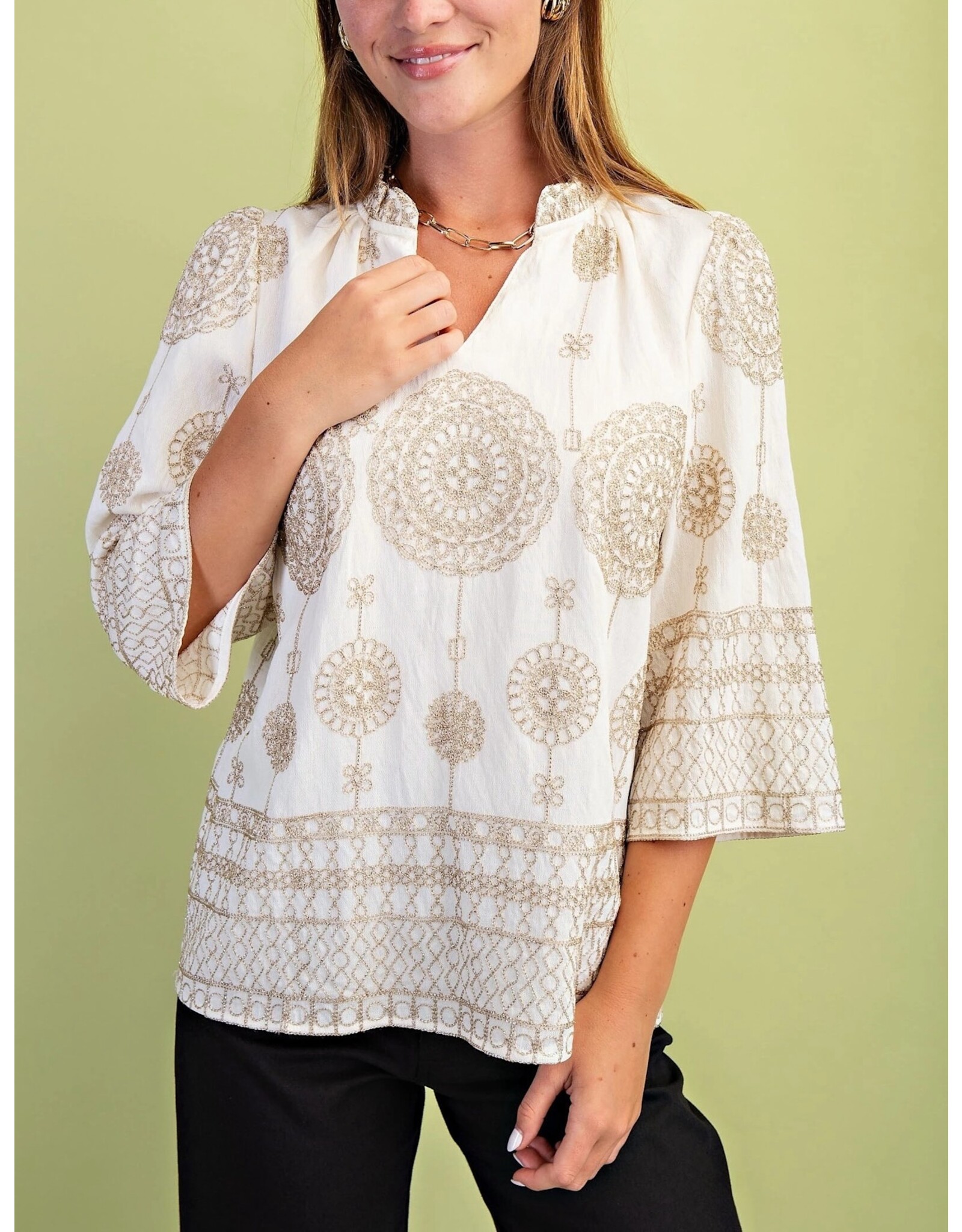 Lolita Metallic Embroidered V-Neck Blouse