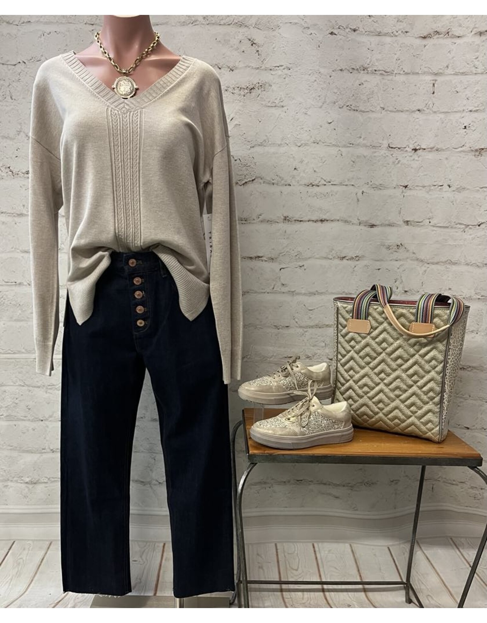 Tribal Tribal Long Sleeve V-Neck Sweater with Cable Knit Detail