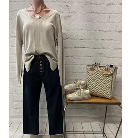 Tribal Tribal Long Sleeve V-Neck Sweater with Cable Knit Detail