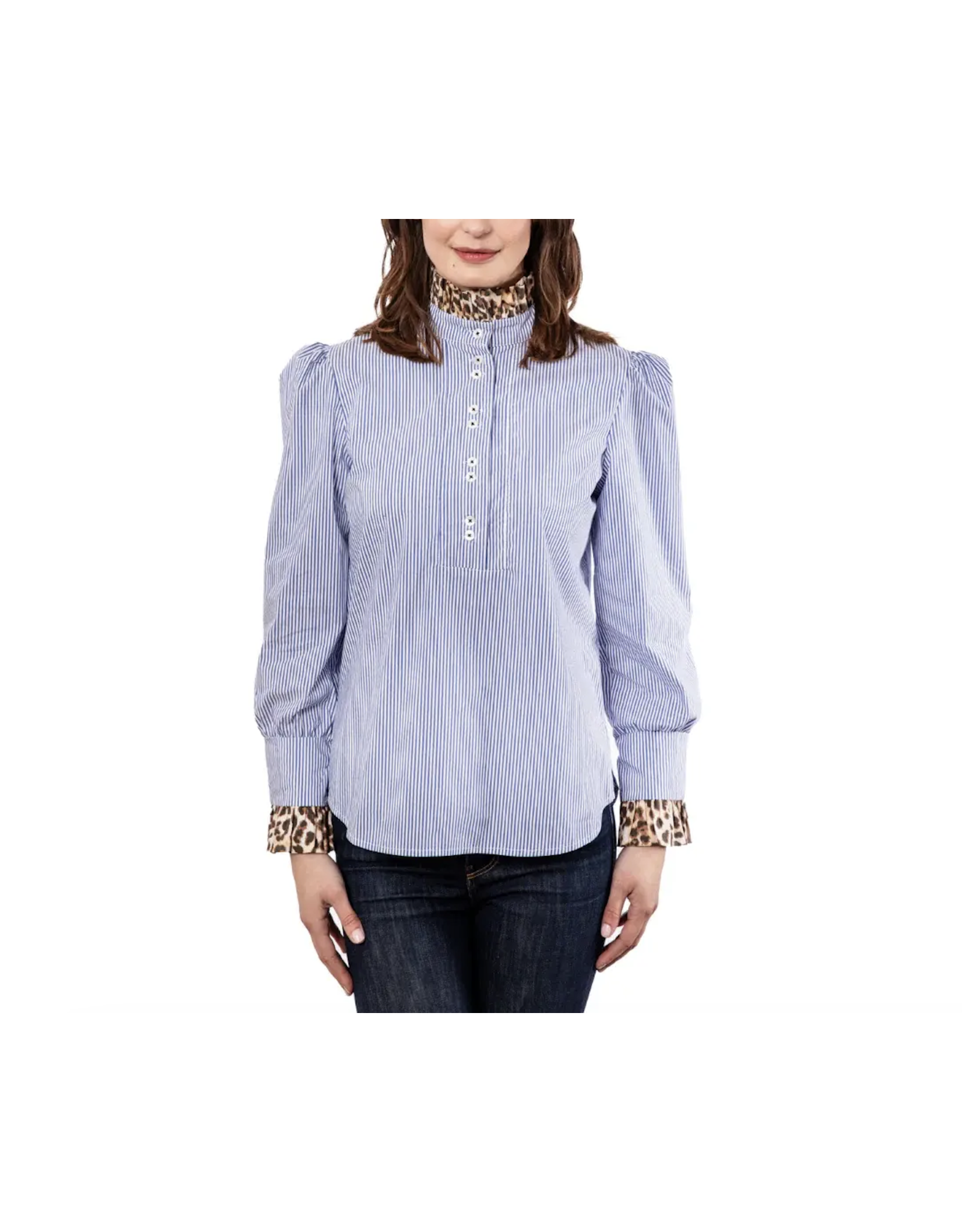 Dizzy Lizzie Popover Blouse Stripes with Cheetah Accent