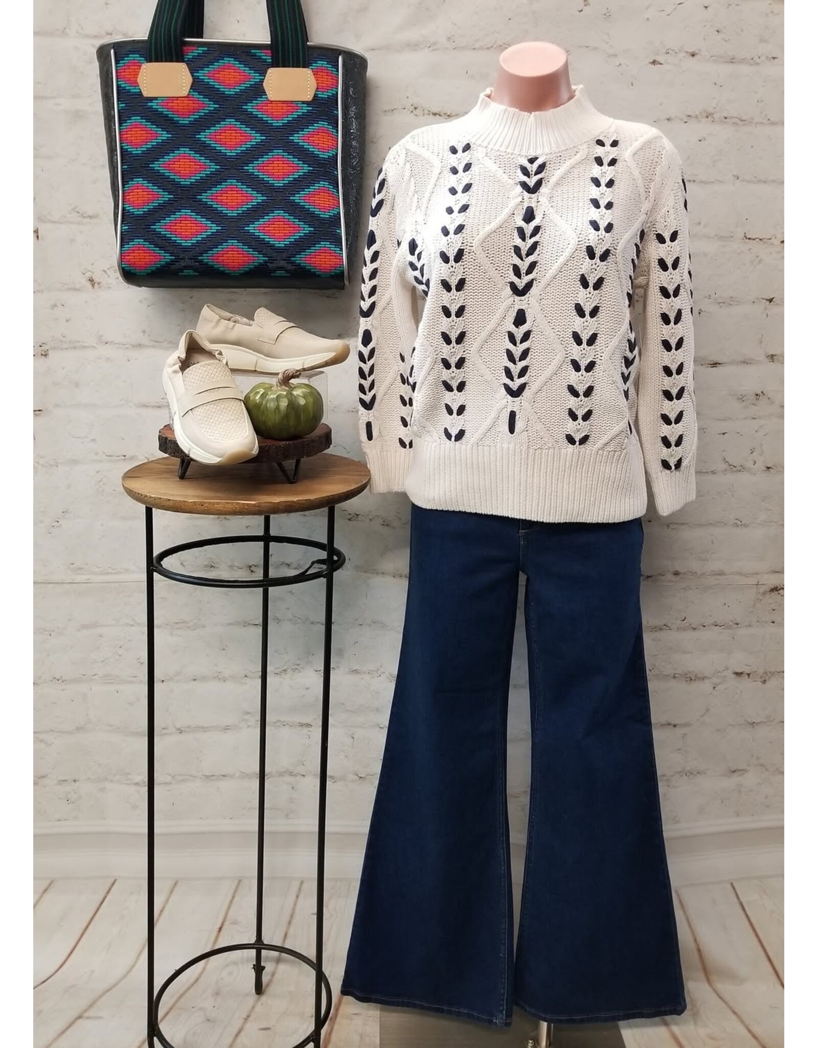 Tribal Tribal Cable-Knit 3/4 Sleeve Mock Neck Sweater