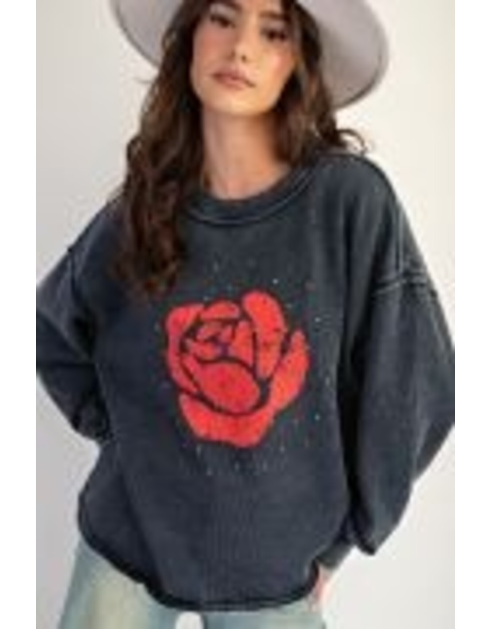 Rose Printed Washed Terry Pullover