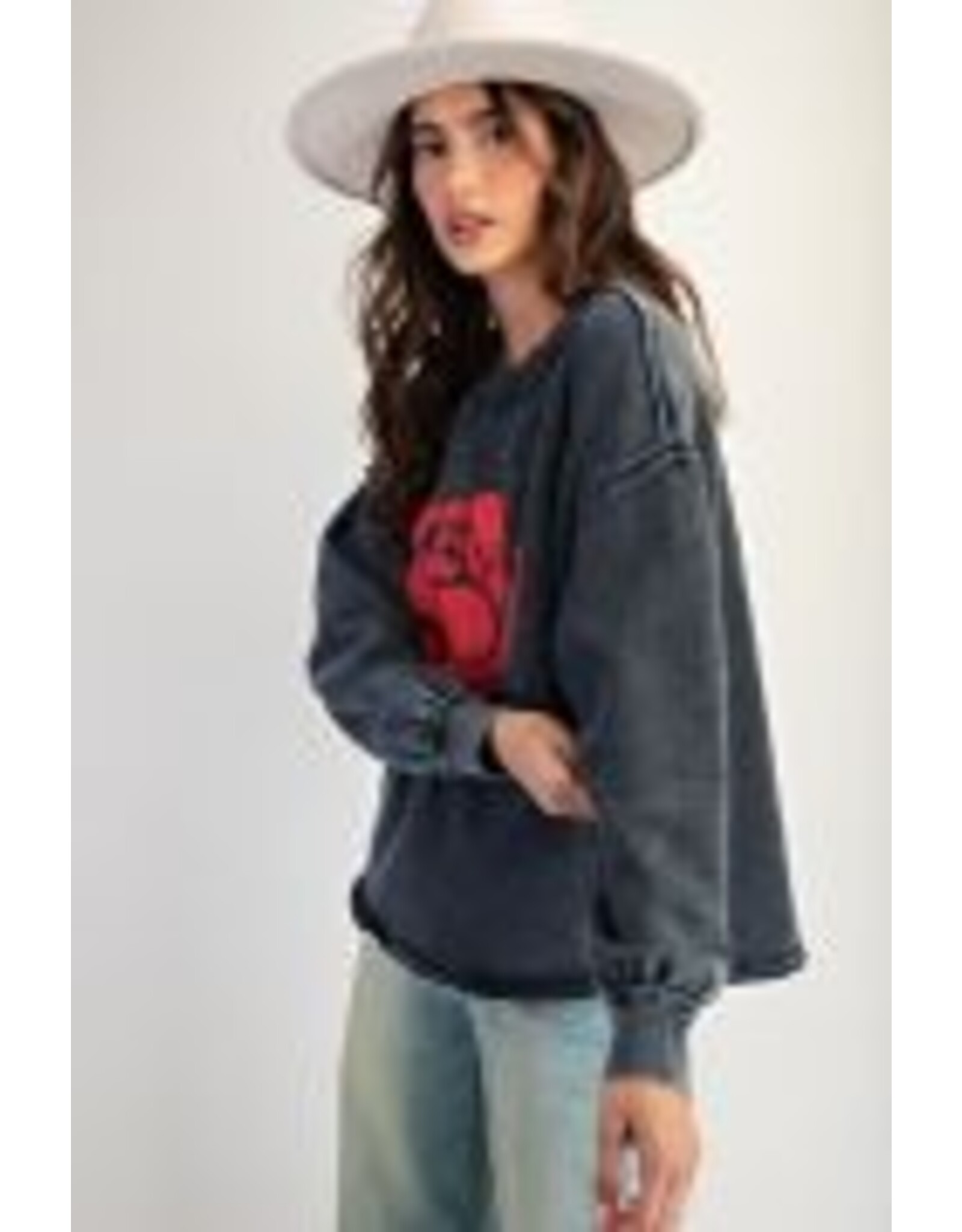 Rose Printed Washed Terry Pullover