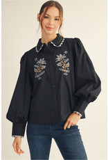 Beck Embroidered Puff Sleeve Black Top