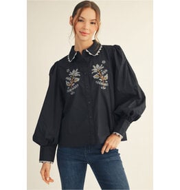 Beck Embroidered Puff Sleeve Black Top