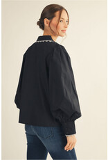 Beck Embroidered Puff Sleeve Black Top