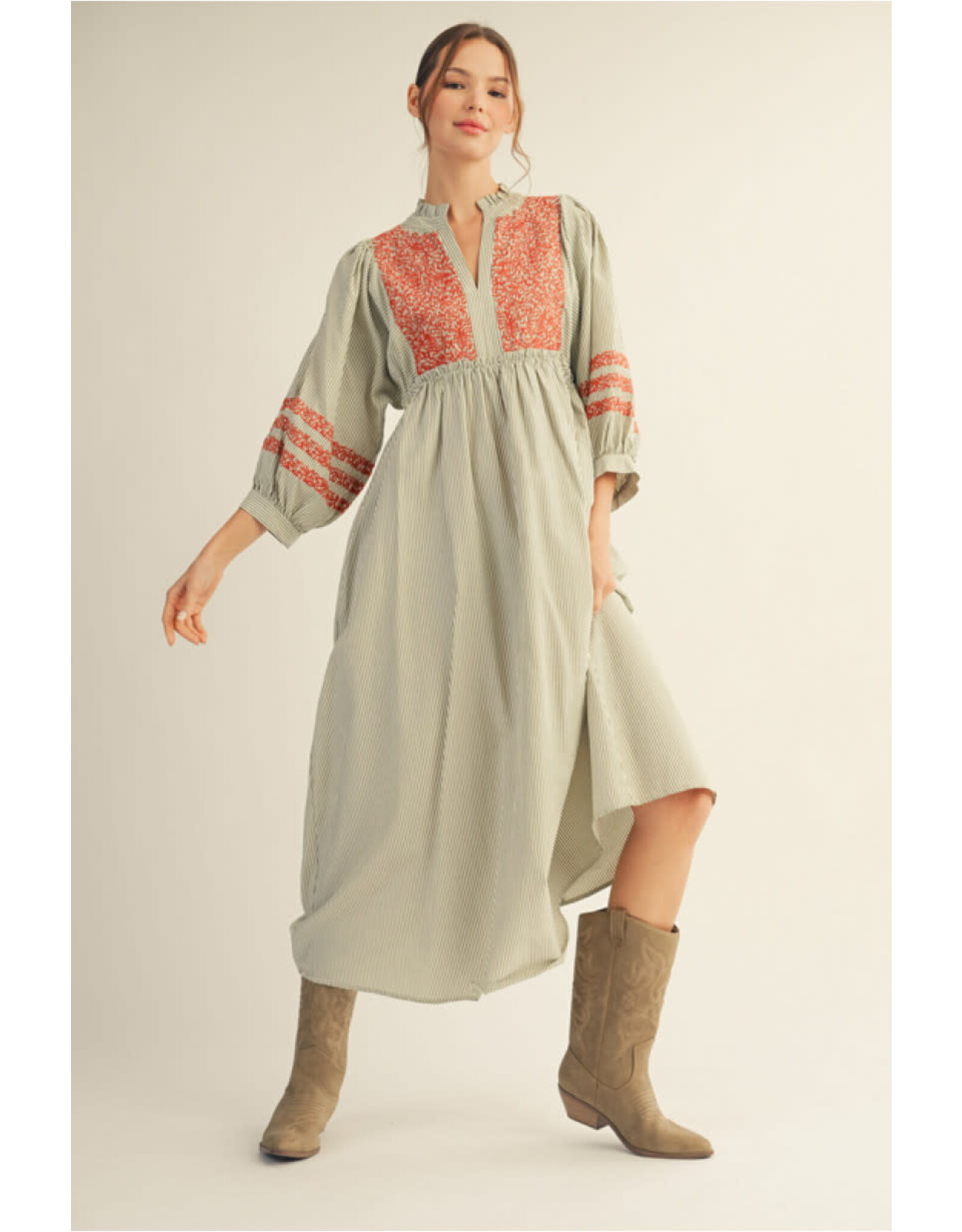 Olivia Olive Embroidered Midi Dress