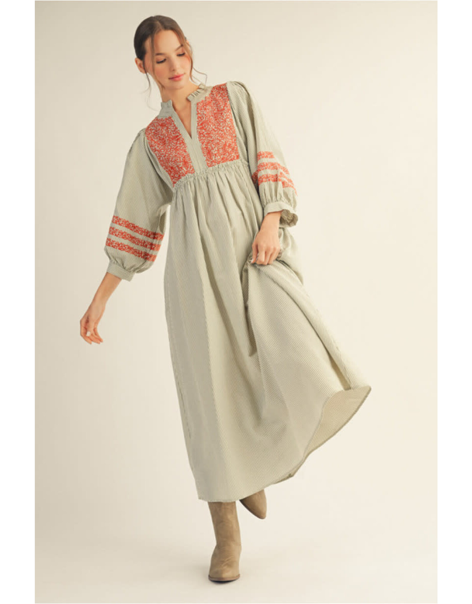 Olivia Olive Embroidered Midi Dress