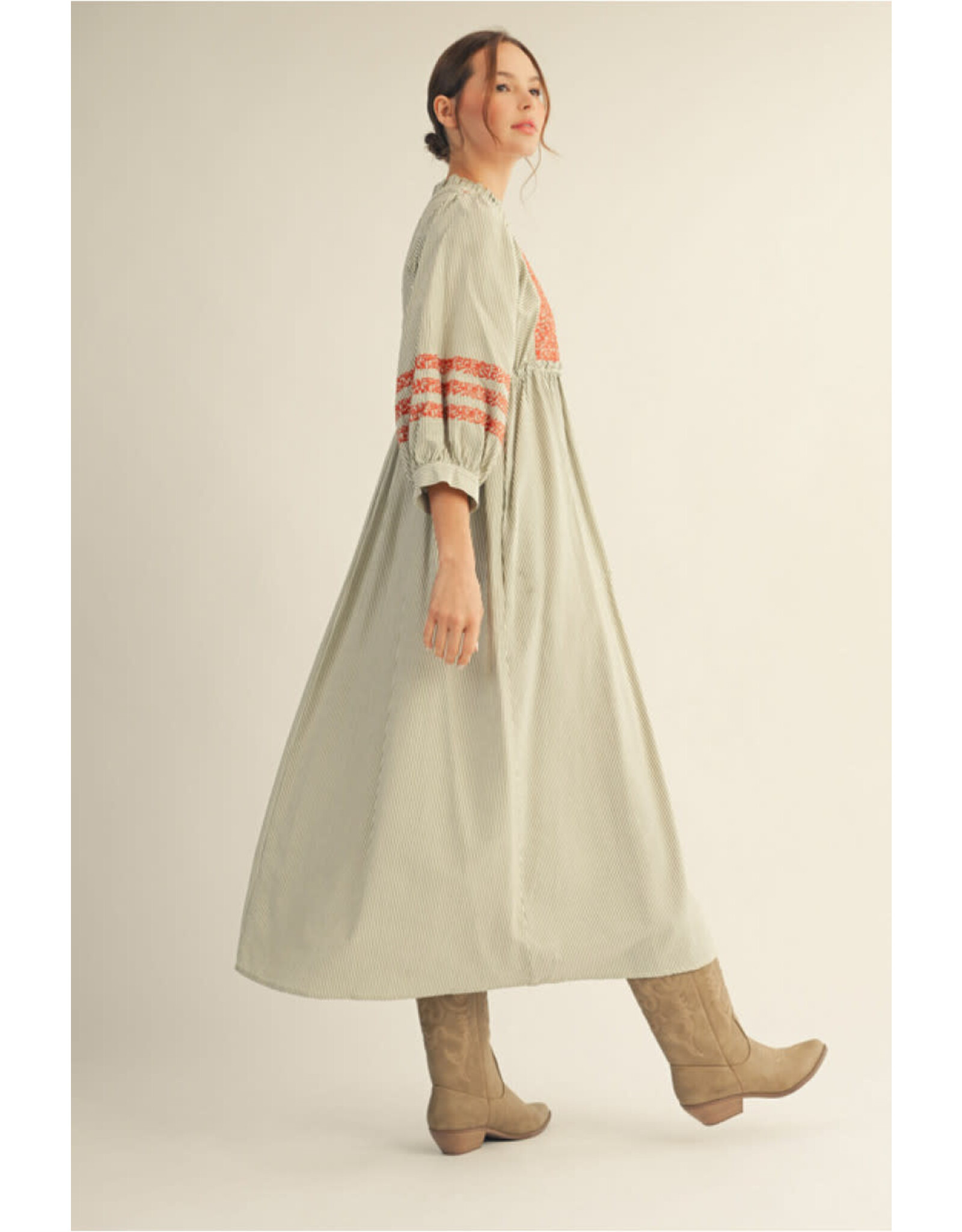 Olivia Olive Embroidered Midi Dress