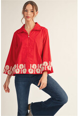 Pixie Pearl Button Embroidered Red Top
