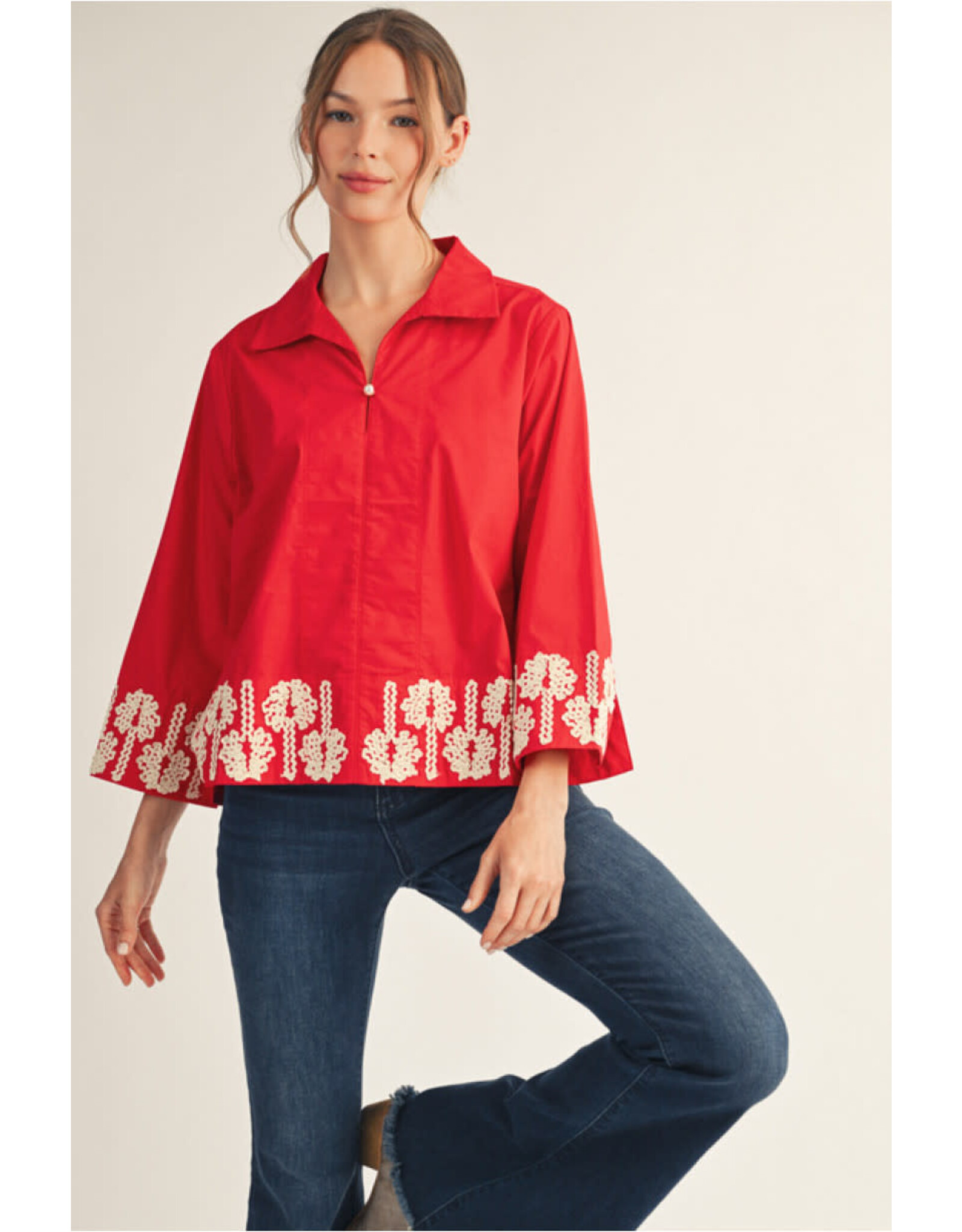 Pixie Pearl Button Embroidered Red Top