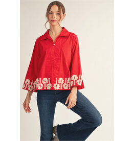 Pixie Pearl Button Embroidered Red Top