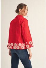 Pixie Pearl Button Embroidered Red Top