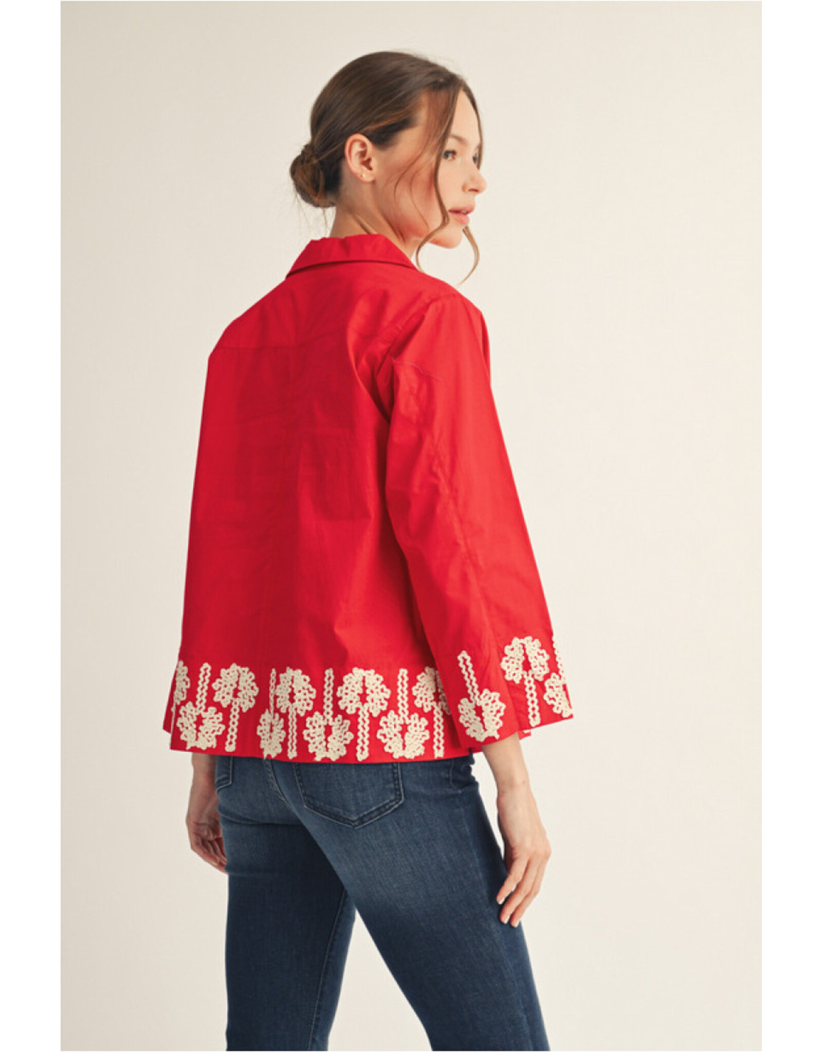Pixie Pearl Button Embroidered Red Top