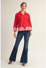 Pixie Pearl Button Embroidered Red Top