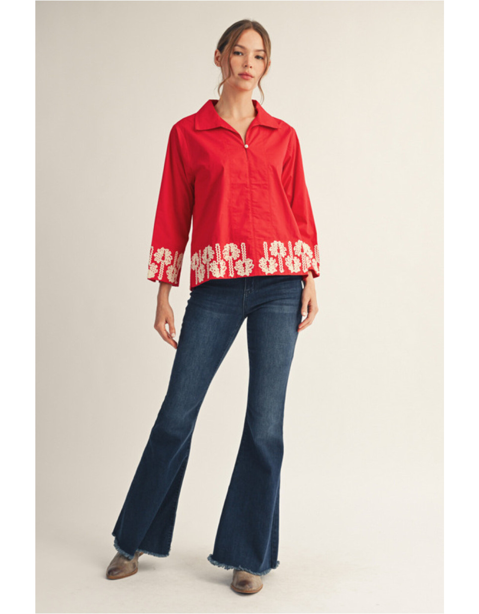 Pixie Pearl Button Embroidered Red Top