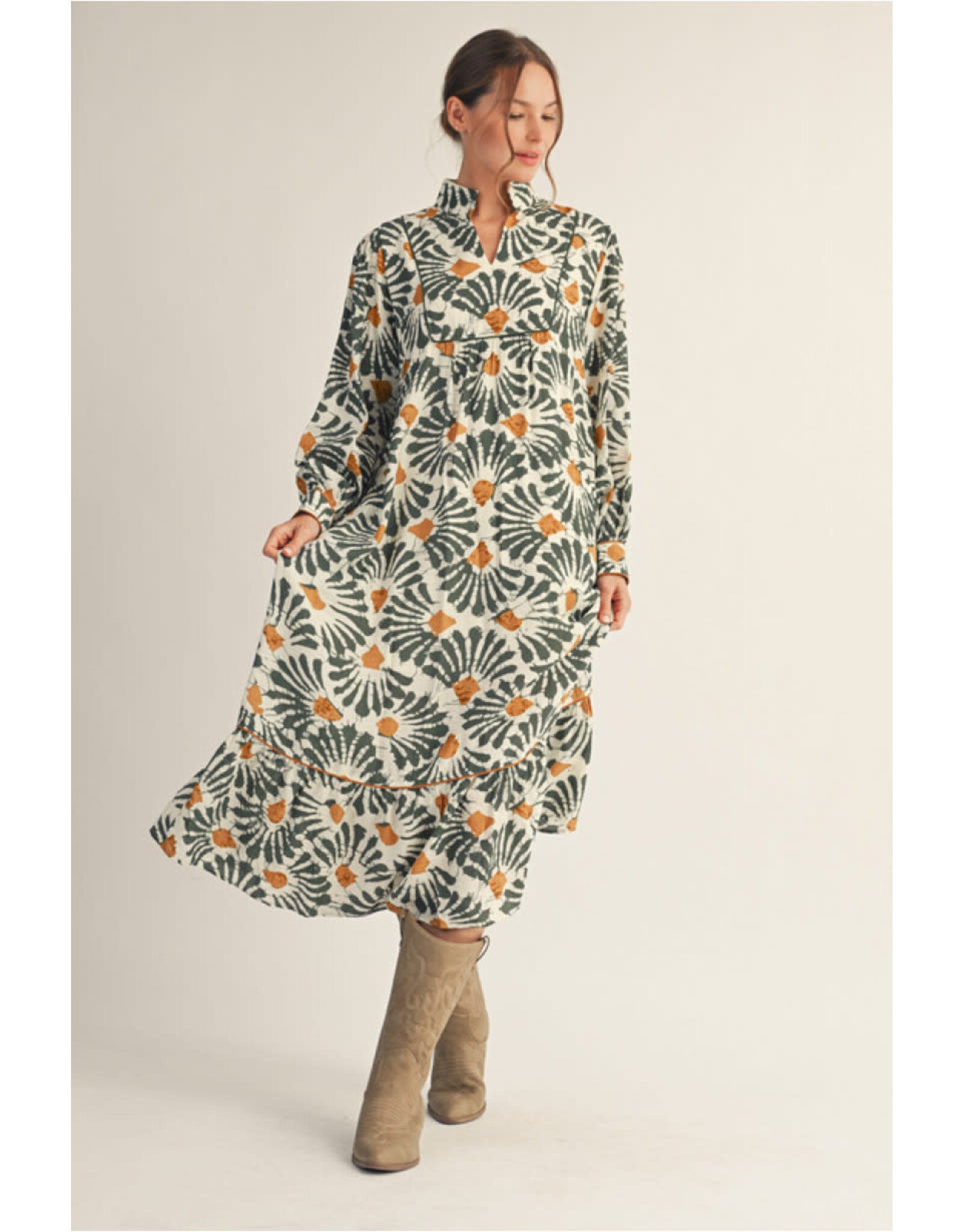 Brooke Boho Olive Print Midi Dress