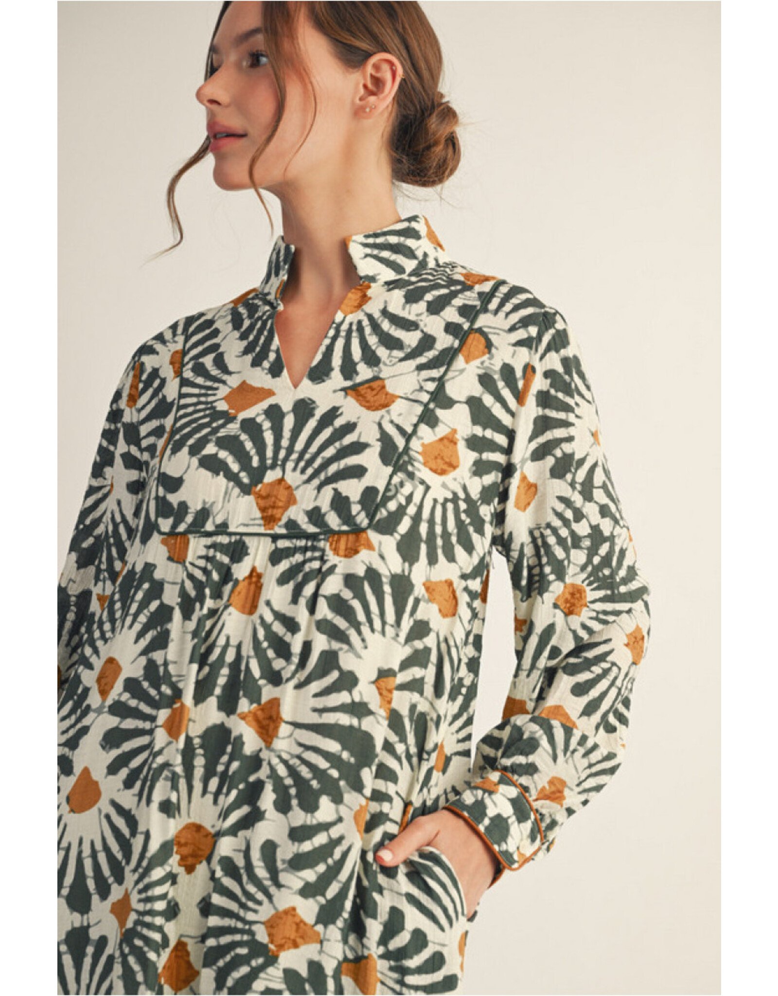 Brooke Boho Olive Print Midi Dress