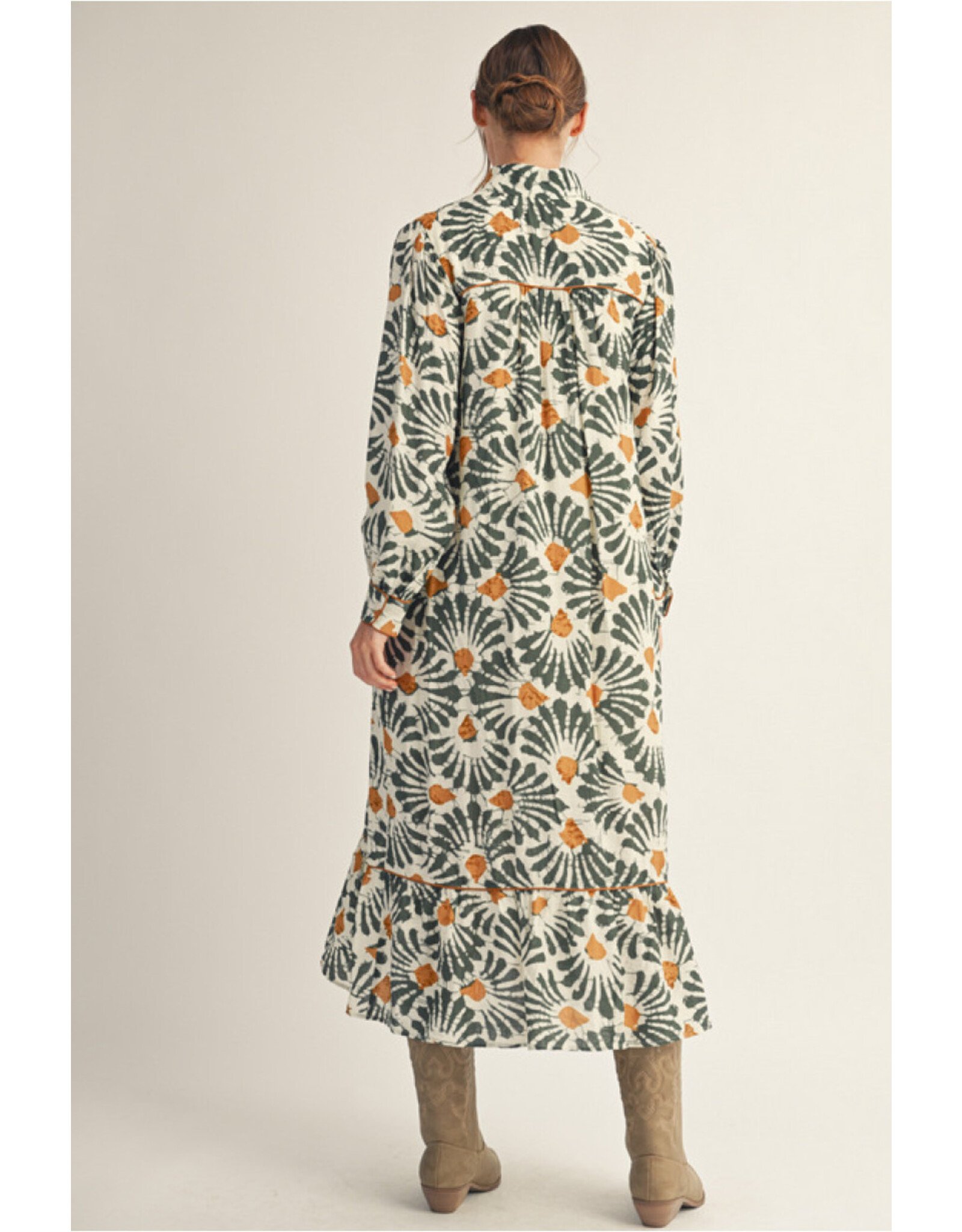 Brooke Boho Olive Print Midi Dress