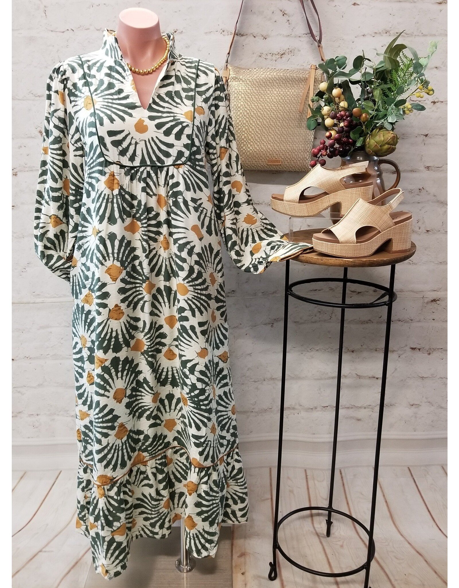 Brooke Boho Olive Print Midi Dress
