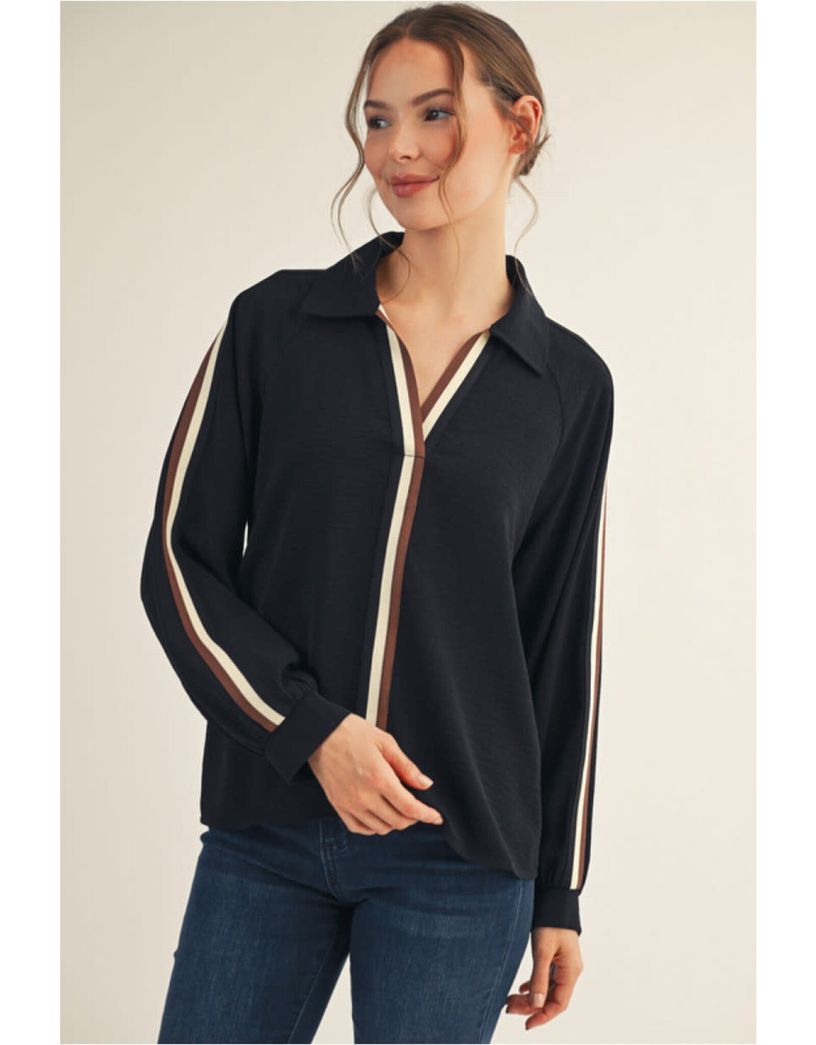 Skylar Stripe Trim Black Top