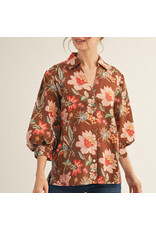 Mahogany 3/4 Puff Sleeve Floral Top