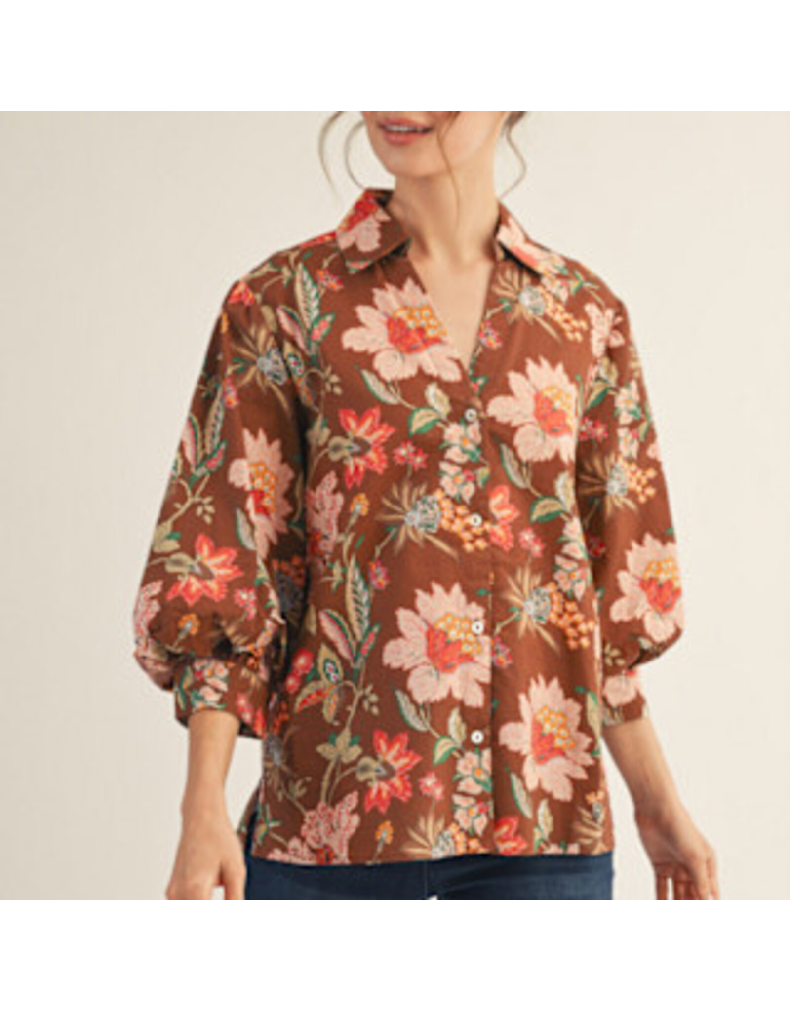 Mahogany 3/4 Puff Sleeve Floral Top