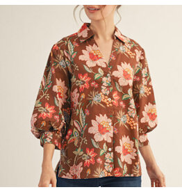 Mahogany 3/4 Puff Sleeve Floral Top