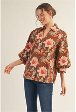 Mahogany 3/4 Puff Sleeve Floral Top