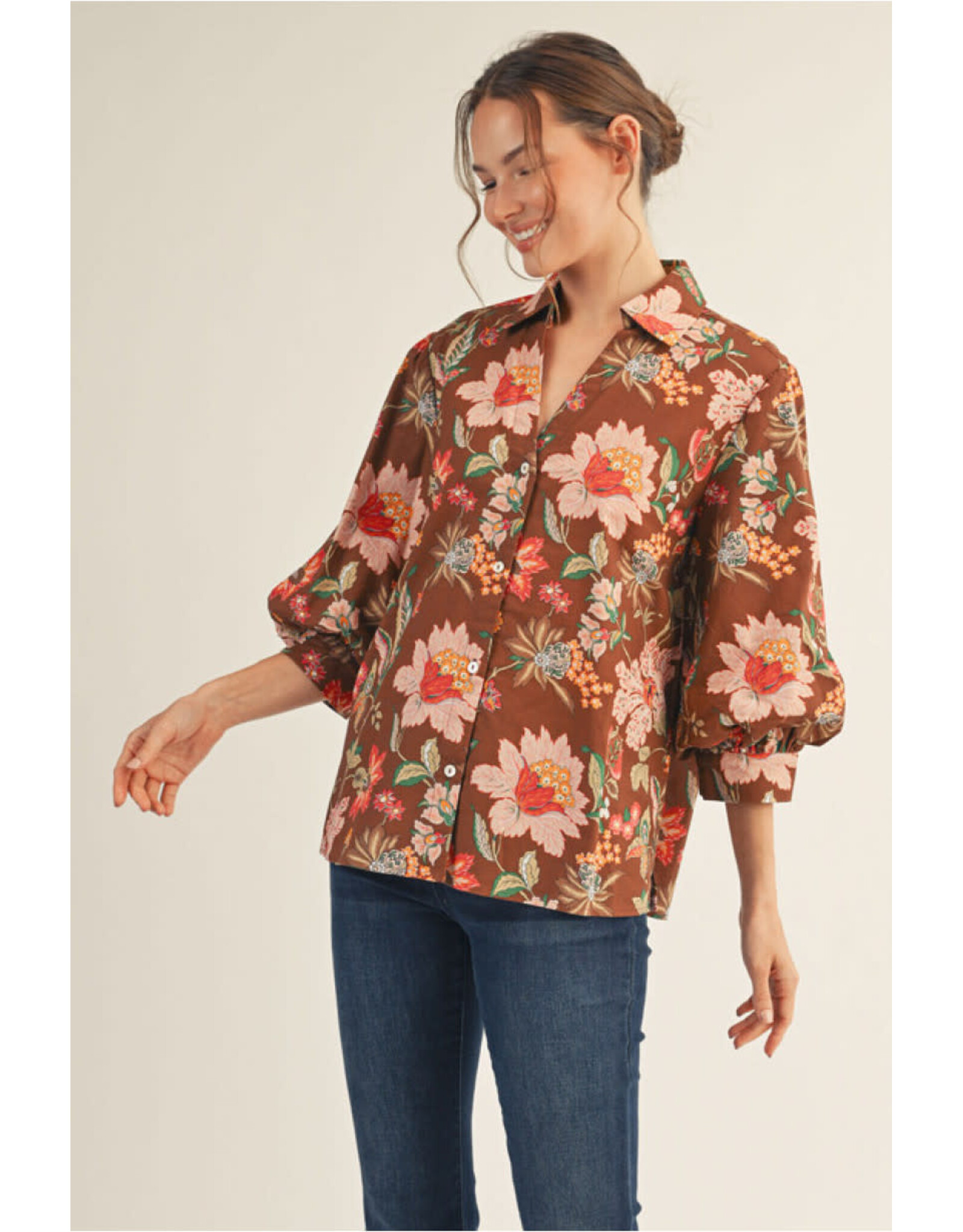 Mahogany 3/4 Puff Sleeve Floral Top