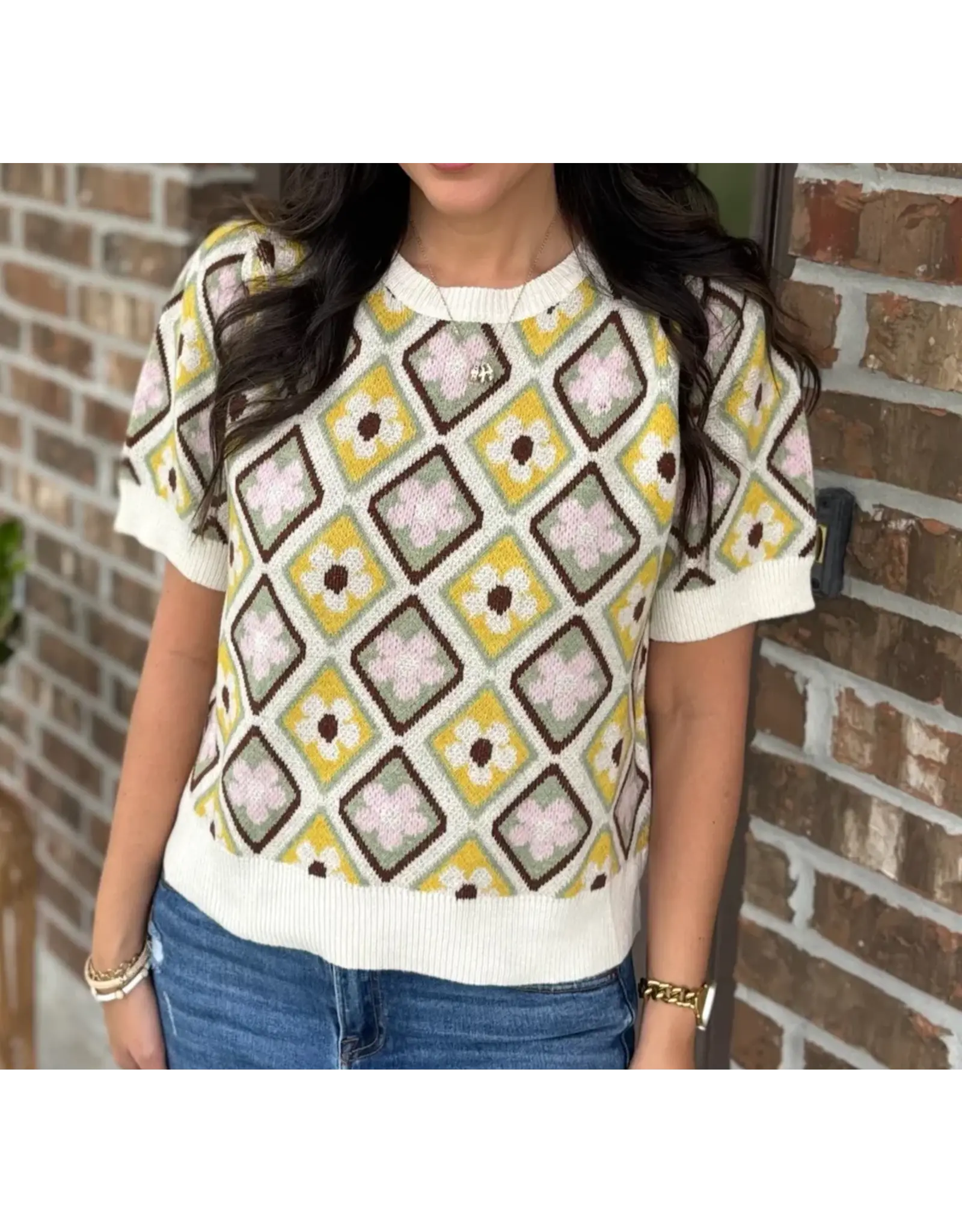 Genie Geo Floral Short Sleeve Sweater