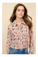 Loretta Western Print Chiffon Button Up Blouse Loretta Western Print Chiffon Button Up Blouse