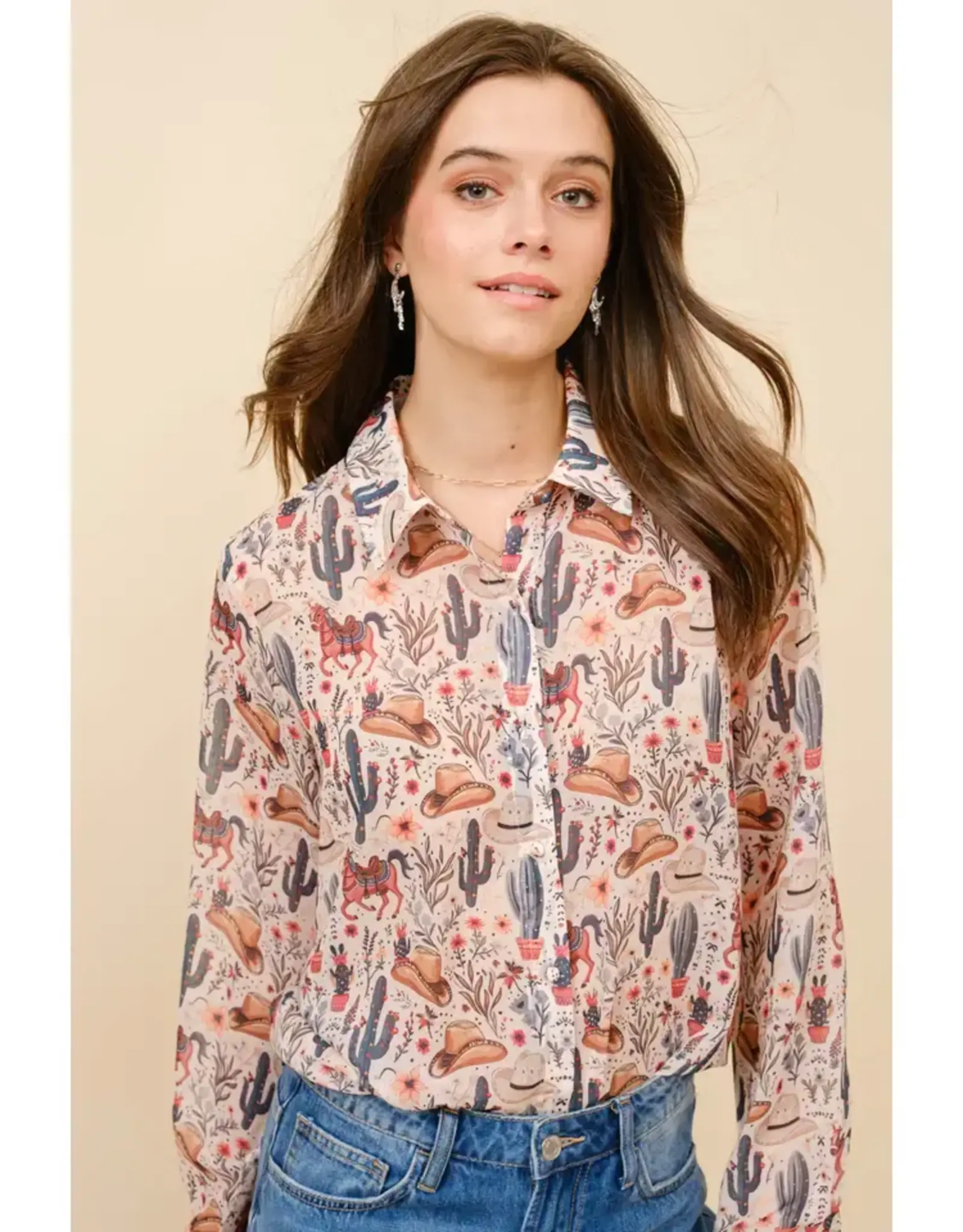 Loretta Western Print Chiffon Button Up Blouse