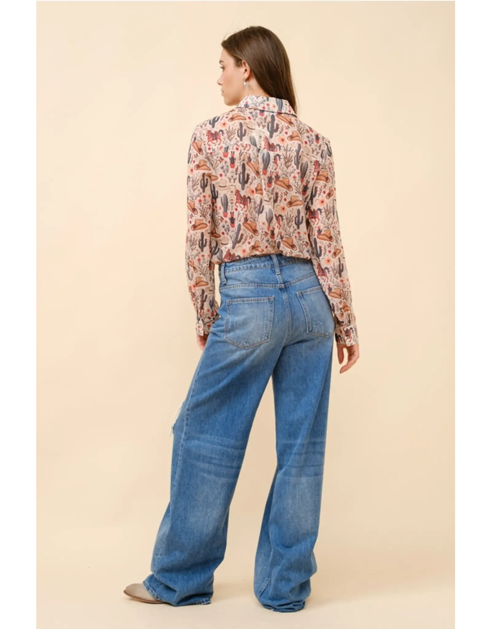 Loretta Western Print Chiffon Button Up Blouse
