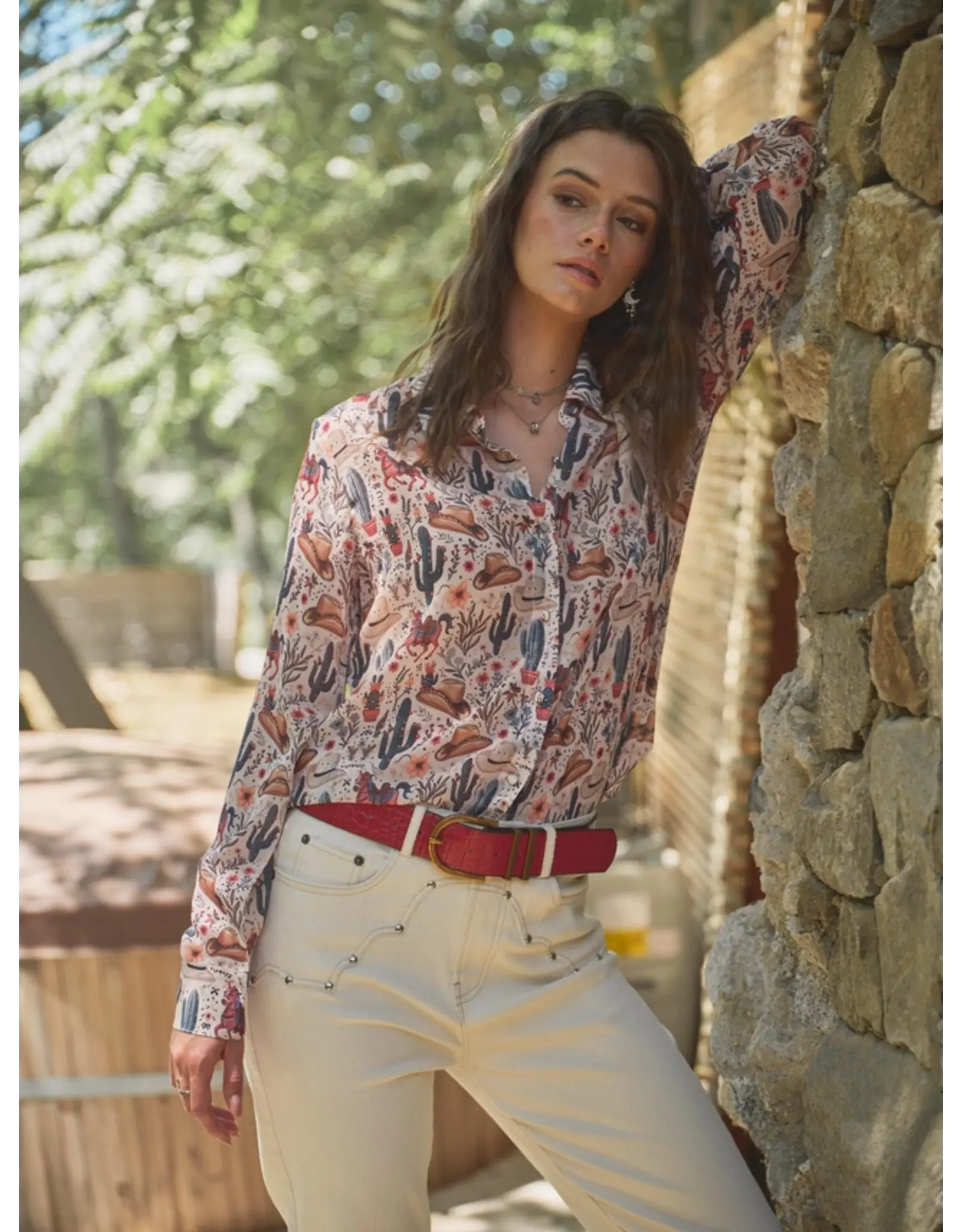 Loretta Western Print Chiffon Button Up Blouse