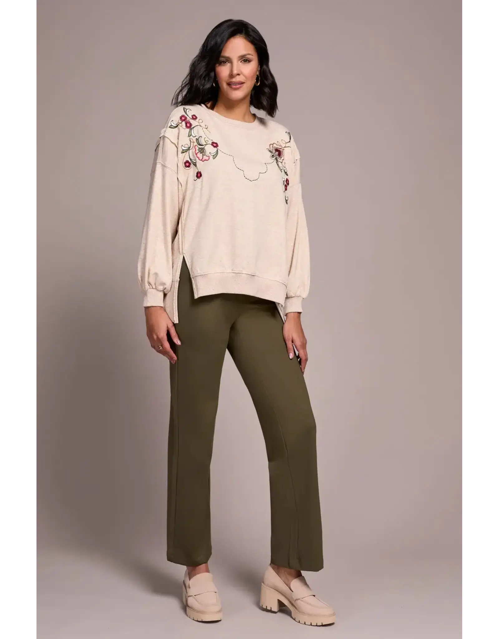 Tribal Tribal Crew Neck Front Slit Top with Embroidery