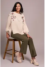 Tribal Tribal Crew Neck Front Slit Top with Embroidery