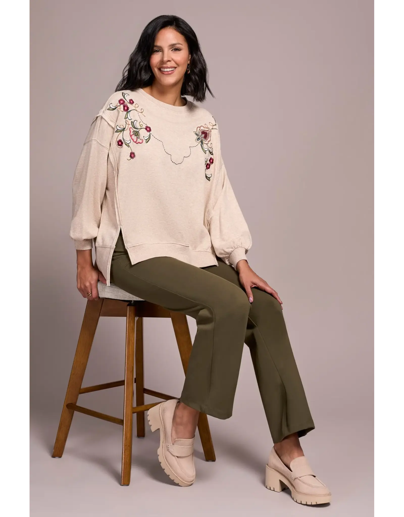 Tribal Tribal Crew Neck Front Slit Top with Embroidery