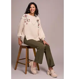 Tribal Tribal Crew Neck Front Slit Top with Embroidery