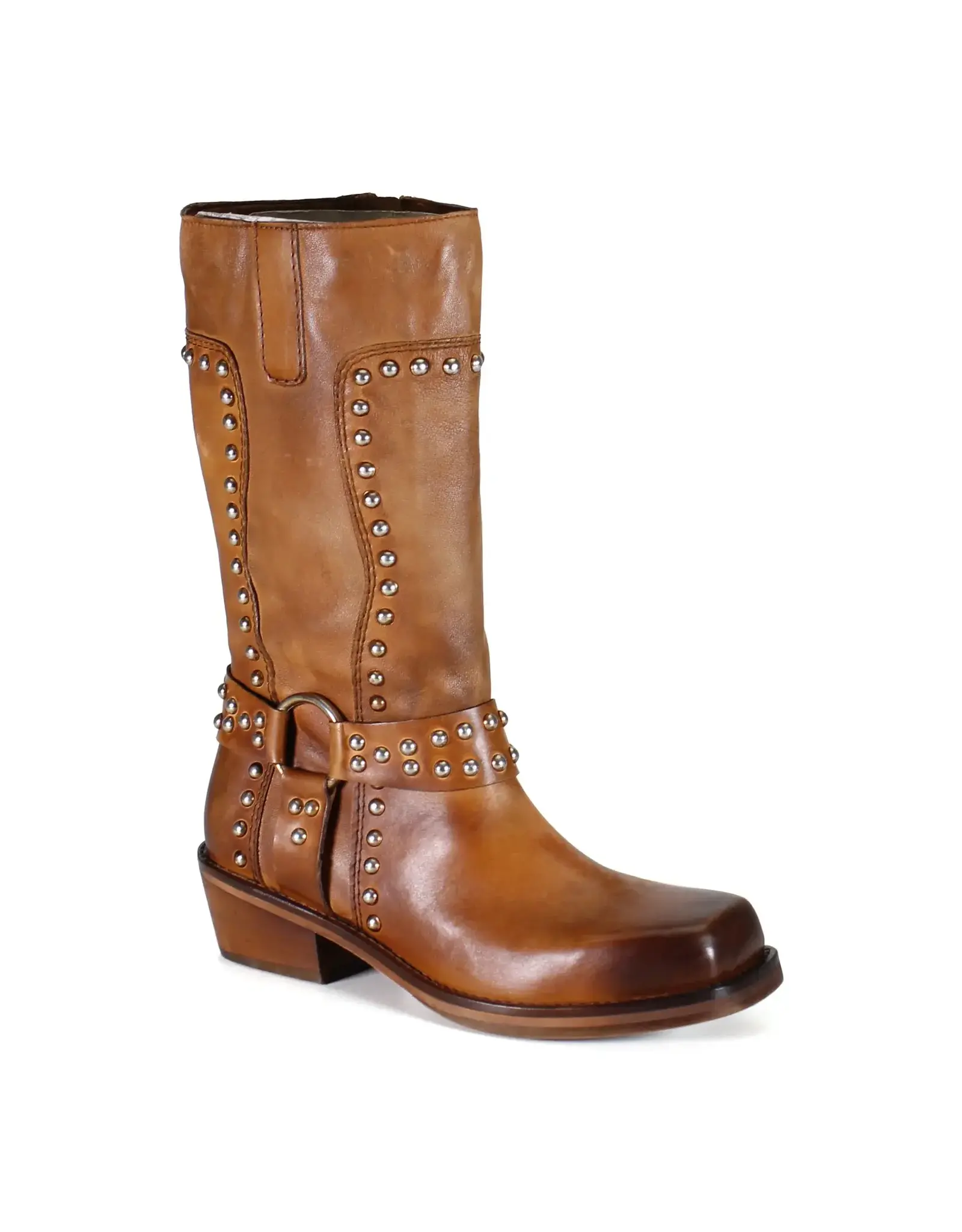 Val Uable Tan Leather Mid-Calf Studded Boot