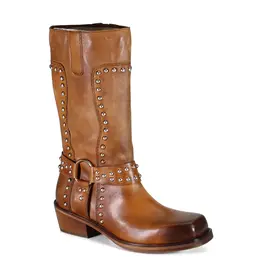 Val Uable Tan Leather Mid-Calf Studded Boot