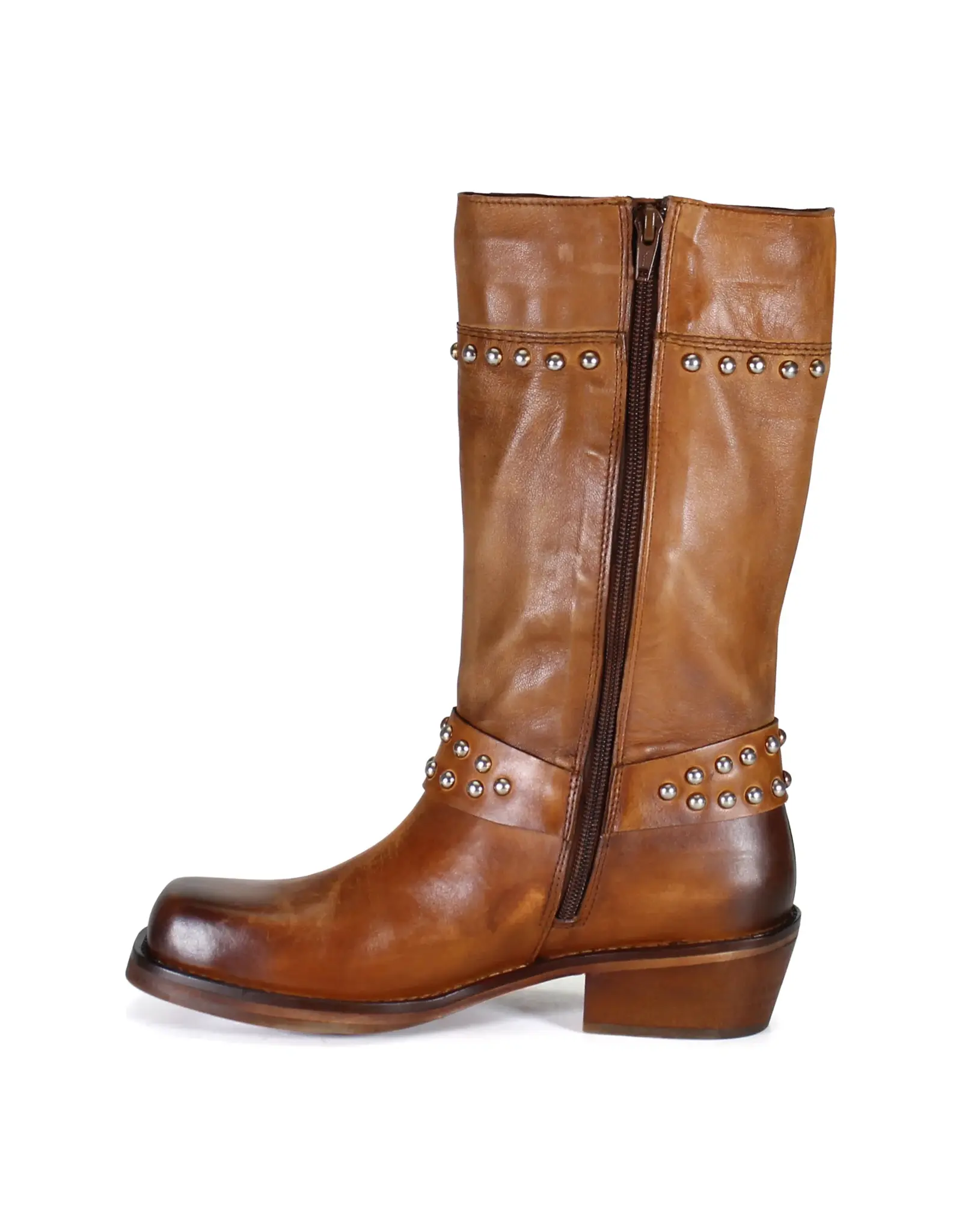 Val Uable Tan Leather Mid-Calf Studded Boot