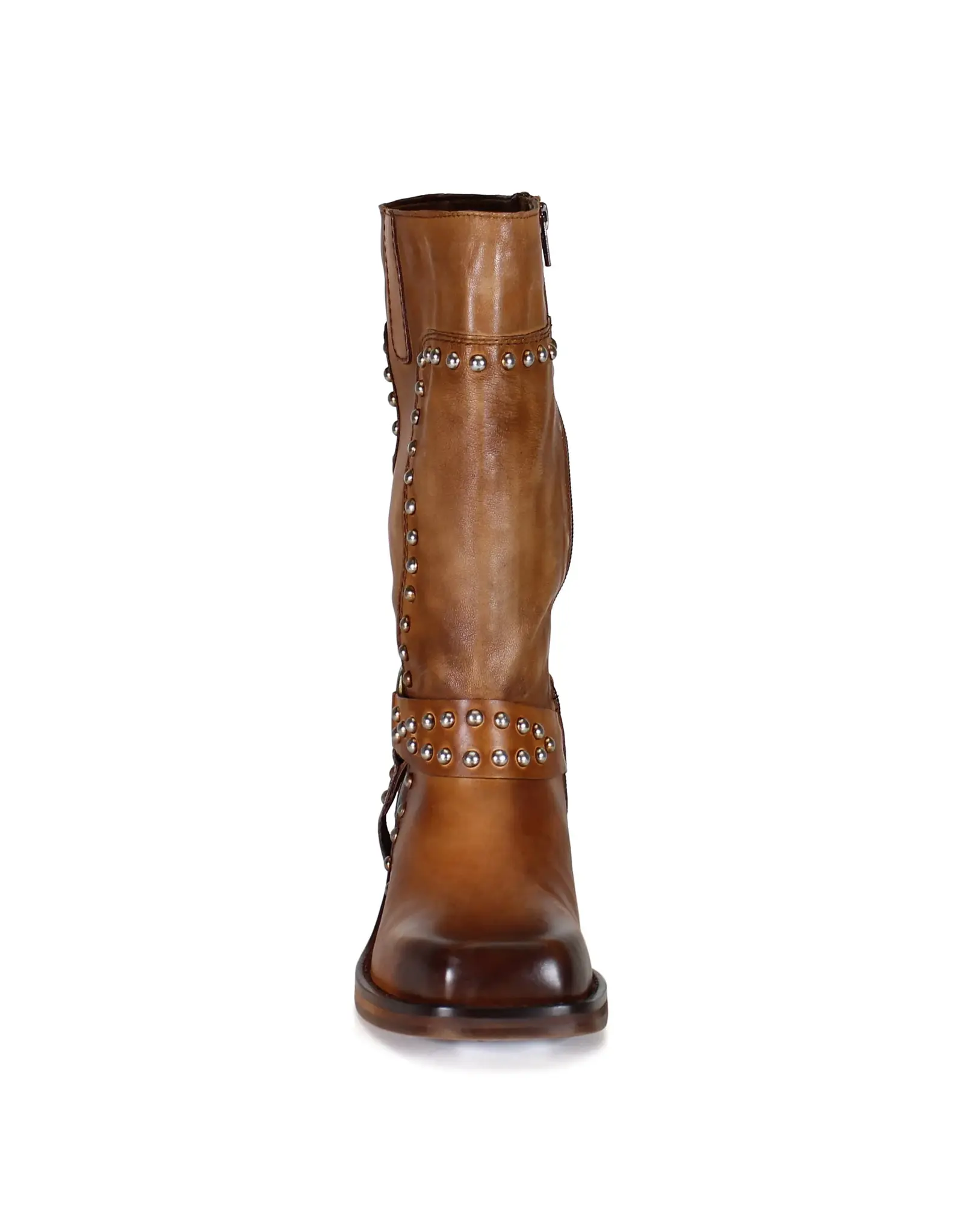 Val Uable Tan Leather Mid-Calf Studded Boot