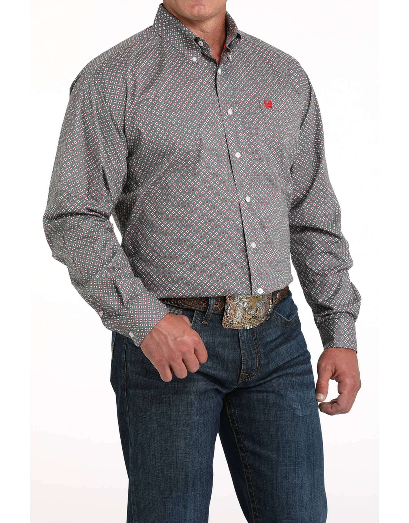 Cinch Cinch Grey Red Geometric Print Shirt
