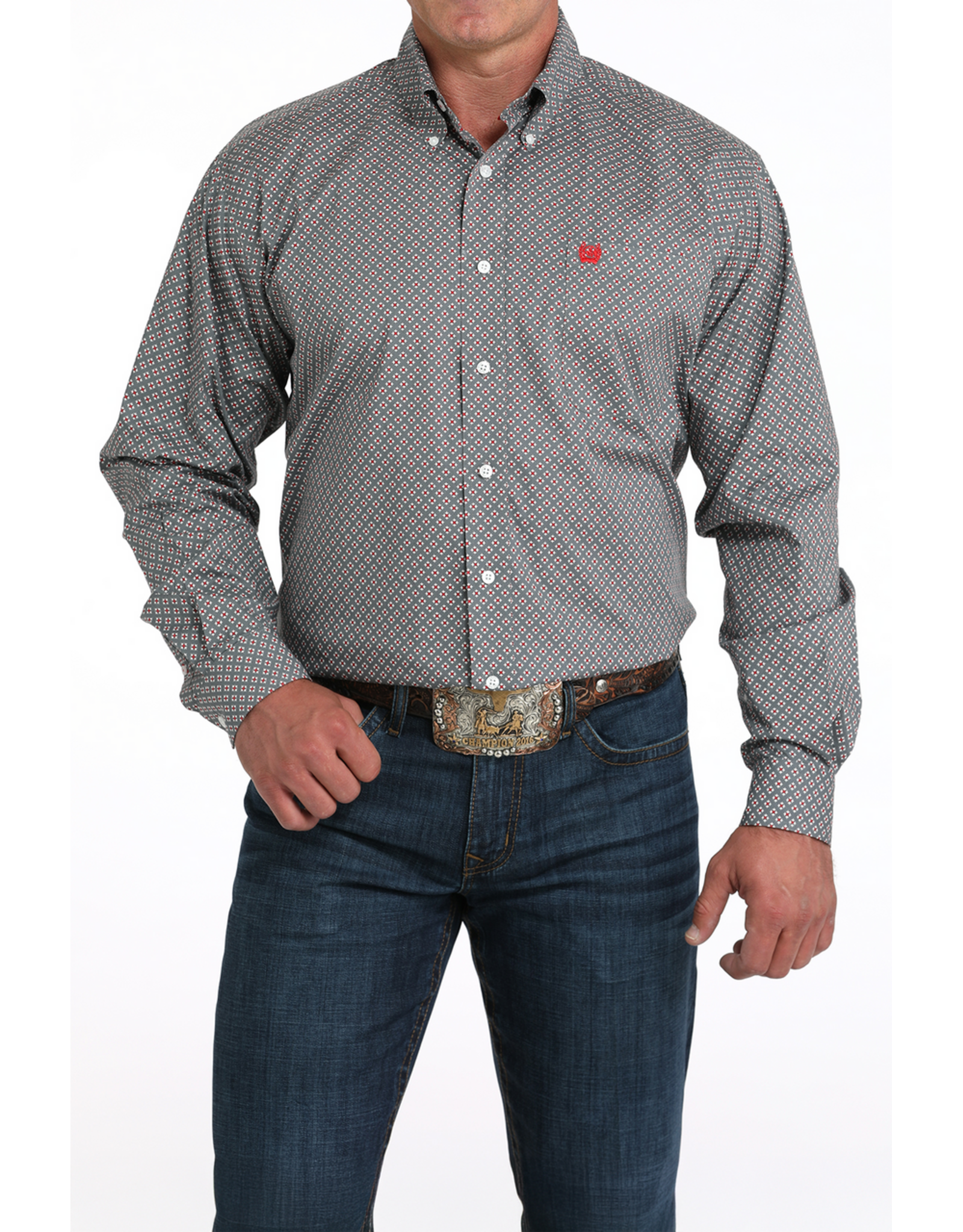 Cinch Cinch Grey Red Geometric Print Shirt