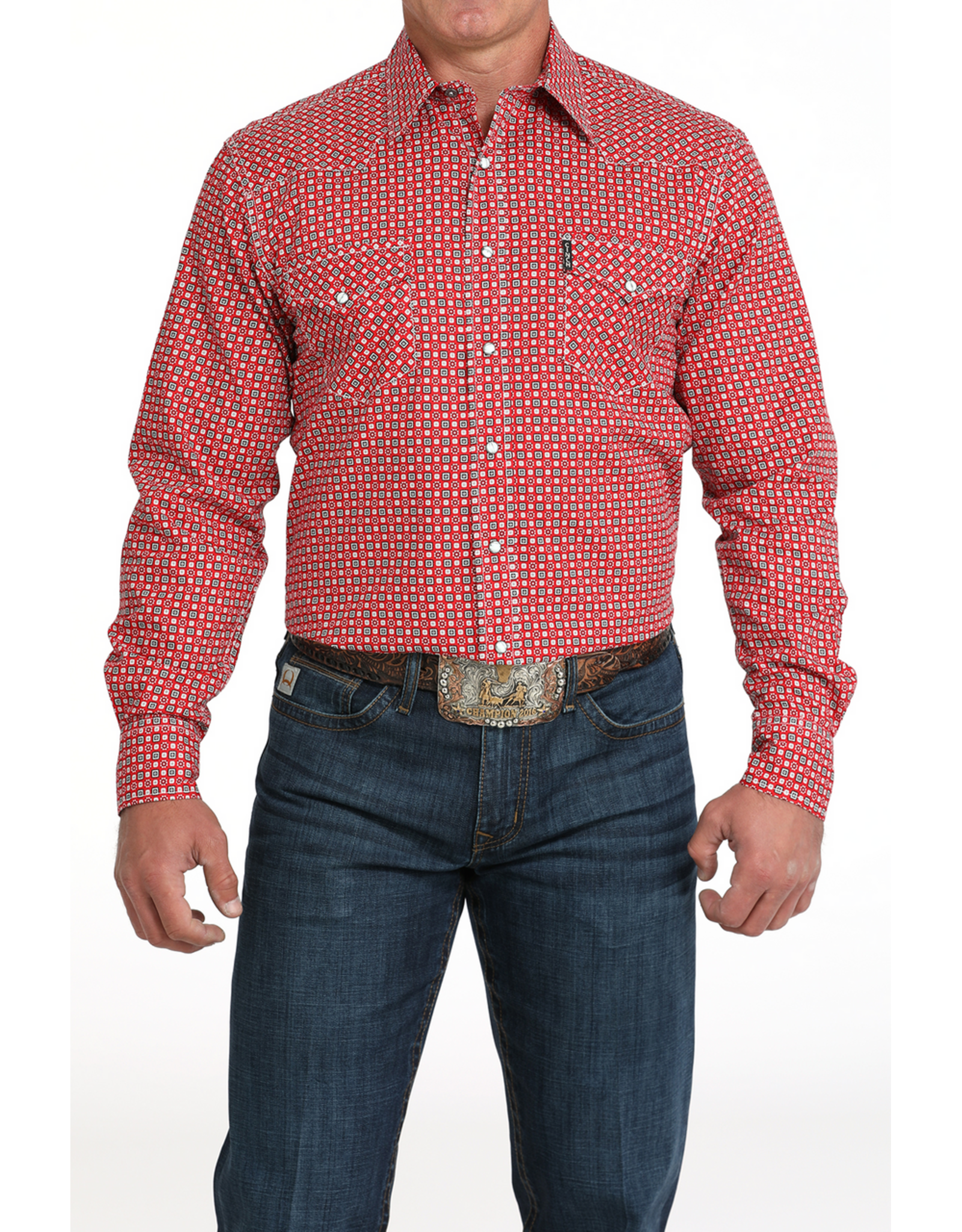 Cinch Cinch Red Geometric Print Pearl Snap Shirt